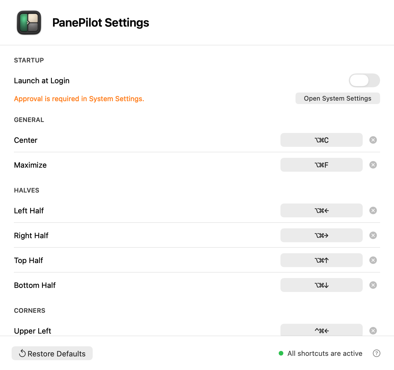 PanePilot settings window showing customizable shortcuts